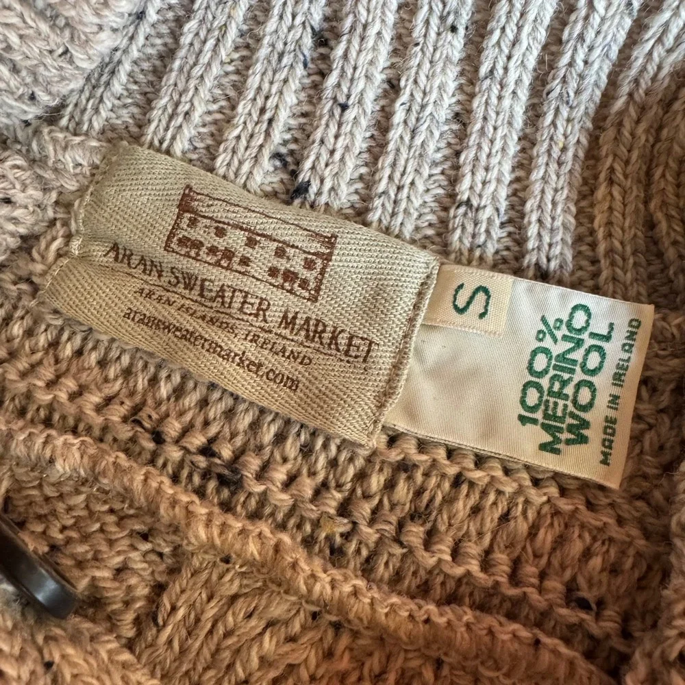 Aran Sweater Market Mens Merino Wool Cable Knit Button Mock Neck Sweater Beige S